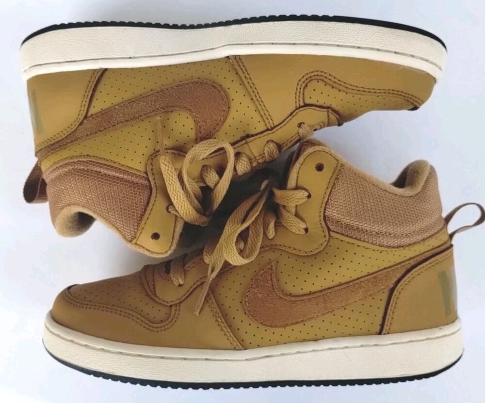 Nike Youth 4Y Court Borough Mid GS Wheat/Gold Athletic Hi-top B-ball Sneakers